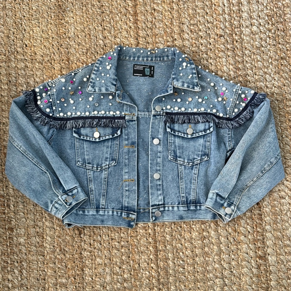 LOVESHACKFANCY PEARL BEADED DENIM JEAN JACKET CROP BOMBER JACKET SIZE XS/SM